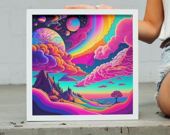 Rainbow Colored Planetary Celestial Cloudy Landscape Art Print. Girly 90s Aesthetic Dreamy Other Worldly Wall Decor.