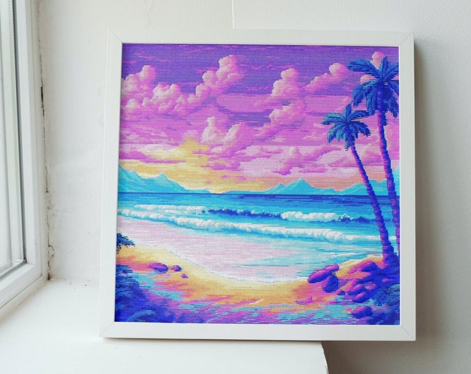Pixelated Vapor Wave Aesthetic Beach Landscape Art Print. 8-bit Retro Style Pixel Art Gift for Gamers. Wall Decor for Vaporwave Themed Room.