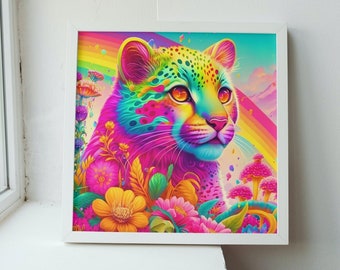 Regenbogen farbiger Gepard Retro 90er Jahre Girly Aesthetic Art Print. 1990er Jahre Stil Nostalgie Kunstwerk. Leopard-Wand-Dekor-Geschenk für tausendjährige Frauen.