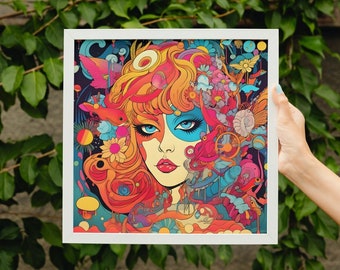 Psychedelic Beautiful Woman Trippy Wall Decor. 60s and 70s Style Abstract Art Print for Retro Home.