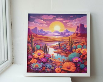 Blooming Cacti Desert Flowers Wall Decor. Arizona and Nevada Style Mountainous Landscape Art Print with River and Sunset.