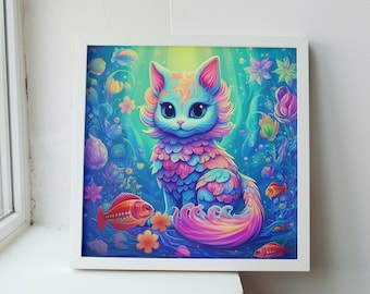 Cute Mercat Mermaid Art Print. Under the Sea Ocean Themed Wall Decor for Cat Person.