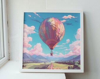 Anime Hot Air Balloon Lofi Style Cloudy Landscape Art Print. Wall Decor Gift for Vintage Anime Lovers.