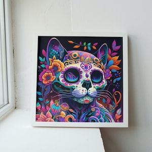 死者の日の猫のシュガースカルアートプリント。精巧でカラフルなメキシコのゴシックフォークロアギフト。死者の日の子猫のスケルトン壁飾り。