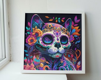Day of the Dead Cat Sugar Skull Art Print. Intricate, Colorful Mexican Gothic Folklore Gift. Dia de Los Muertos Kitten Skeleton Wall Decor.