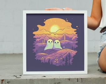 Adorable Autumn Ghost Couple on Hill with Sunset. Yellow and Purple Cute Ghosties Art Print. Fall Season Setting Sun Golden Hour Wall Decor.