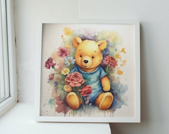 Winnie-the-Pooh Watercolor with Pastel Colored Flowers Art Print. Classic Version of Pooh Bear Nursery Wall Decor.