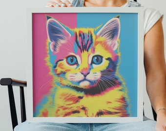 Tricolor Kitten Pop Art Print. Modern Multicolored Pink Yellow and Blue Adorable Cat Wall Decor. Bold Artwork for a Minimalistic Home.