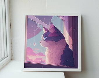 Lofi Anime Cat in Windowsill with Pastel Colored Pink and Purple Sky Art Print.