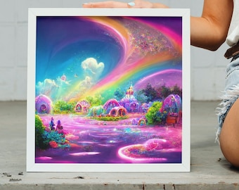90s Aesthetic DayGlo Rainbow Landscape Art Print. Colorful Day Glo Girly Wall Decor for Millennials and 1990s Kids.