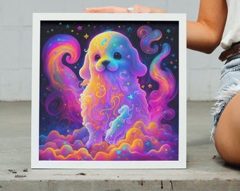 Adorable Ethereal Neon Rainbow Colored Puppy Floating in the Clouds Art Print. 90s Girly Aesthetic Gift for Dog Person or Millennial Women.