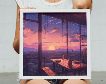 Lofi Anime Cafe Overlooking the City. Cityscape Sunset Sky with Stars Art Print. Dreamy Aesthetic Pink and Purple Horizon Home Decor.