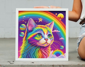 Rainbow-Colored Cat in Space Art Print Cat Person Gift
