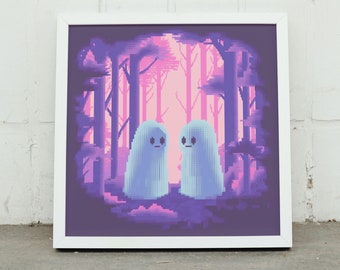 Pixelated Pastel Pink and Purple Ghost Lovers in a Forest Wall Decor. Retro Video Game Style Pixel Art Print Gift.
