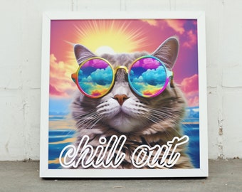 Cool Ginger Cat Wearing Sunglasses, Chill Out Beach Aesthetic Art Print, Wall Decor Gift for Cat Person or Beach Bum.