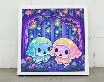 Kawaii Glowing Forest Spirits Art Print. Pastel Pink and Blue Woodland Wall Decor. Adorable Sprites in the Woods with Flowers and Trees.