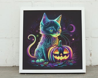 Ghostly Rainbow Kitten with Smiling Jack-o-Lantern Wall Decor. Spooky Cat with Pumpkin, Stars, Moon and Fall Leaves on a Halloween Night.