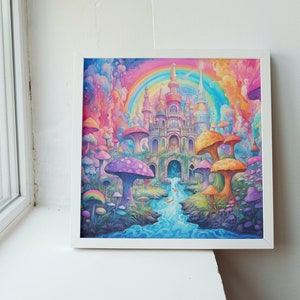 Castello arcobaleno con stampa artistica di paesaggio del giardino dei funghi. Decorazione da parete con nucleo di fata colorata psichedelica.