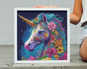 Magical Rainbow Colored Unicorn with Golden Horn and Covered in Intricate and Detailed Flowers, Art Print, Wall Decor.