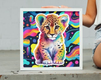 Child of the 90s Baby Cheetah Colorful Pattern Art Print. Nostalgic and Retro 1990s Kid Throwback Wall Decor.