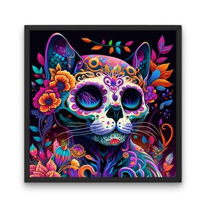 Day of the Dead Cat Sugar Skull Art Print. Intricate, Colorful Mexican Gothic Folklore Gift. Dia de Los Muertos Kitten Skeleton Wall Decor.