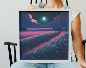 Lofi Anime Pink Wildflower Field at Night with Starry Sky and Full Moon Art Print.