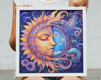 Boho Intricate Sun, Moon and Sky Art Print. Yellow and Blue Sun Goddess Wall Decor for Bohemian style home. Gift for Hippie Girl.