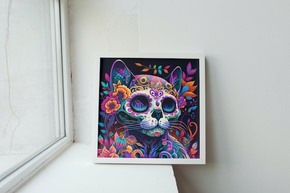 Day of the Dead Cat Sugar Skull Art Print. Intricate, Colorful Mexican Gothic Folklore Gift. Dia de Los Muertos Kitten Skeleton Wall Decor.