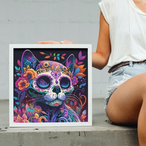 Day of the Dead Cat Sugar Skull Art Print. Intricate, Colorful Mexican Gothic Folklore Gift. Dia de Los Muertos Kitten Skeleton Wall Decor.