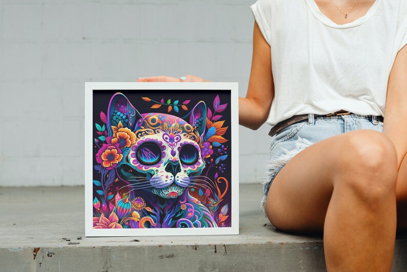 Day of the Dead Cat Sugar Skull Art Print. Intricate, Colorful Mexican Gothic Folklore Gift. Dia de Los Muertos Kitten Skeleton Wall Decor.