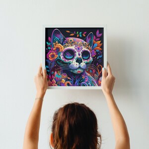Day of the Dead Cat Sugar Skull Art Print. Intricate, Colorful Mexican Gothic Folklore Gift. Dia de Los Muertos Kitten Skeleton Wall Decor.