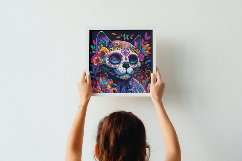 Day of the Dead Cat Sugar Skull Art Print. Intricate, Colorful Mexican Gothic Folklore Gift. Dia de Los Muertos Kitten Skeleton Wall Decor.