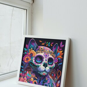 Day of the Dead Cat Sugar Skull Art Print. Intricate, Colorful Mexican Gothic Folklore Gift. Dia de Los Muertos Kitten Skeleton Wall Decor.