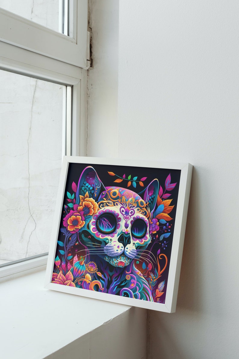 Day of the Dead Cat Sugar Skull Art Print. Intricate, Colorful Mexican Gothic Folklore Gift. Dia de Los Muertos Kitten Skeleton Wall Decor.