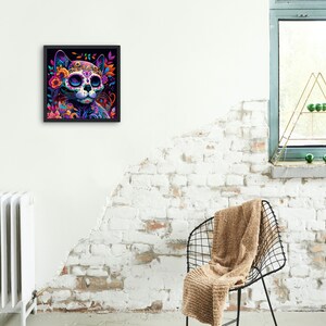 Day of the Dead Cat Sugar Skull Art Print. Intricate, Colorful Mexican Gothic Folklore Gift. Dia de Los Muertos Kitten Skeleton Wall Decor.