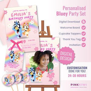 Pink Bluey Birthday Party Package | Custom Digital Invitation, Cupcake Toppers, Welcome Sign & Thank You Tags | Bluey Party Printables