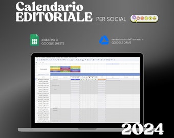 Calendario editoriale per 1 anno (2024), Pianificatore di social media modificabile,Foglio di calcolo, Google Sheets, Instagram, TikTok, Ita