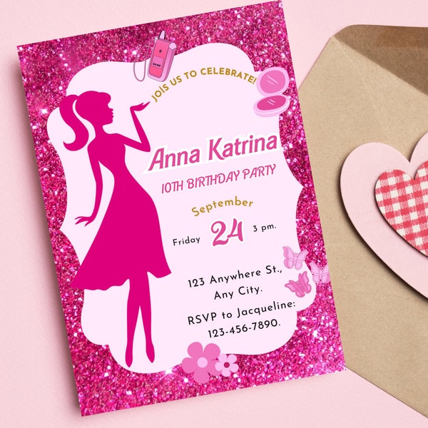 Pink Sparkle Birthday Invitation, Doll Invitation template, Princess Themed Decor, Girl Party Invite, Girl's Editable Invite, Printable Card