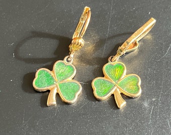 Vintage Rolled Gold Green Clover Leaf Drop Earrings