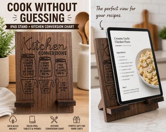 Walnut iPad Stand with Kitchen Conversion Chart | Engraved Recipe Holder | Tablet Stand for Cooking | Farmhouse Kitchen Decor Gift