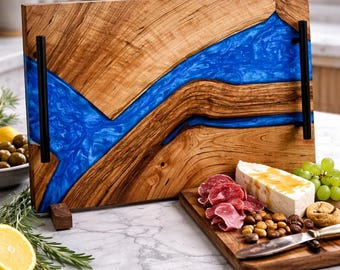 Olive Wood Epoxy River Charcuterie Board with Black Handles | Blue Resin Serving Tray