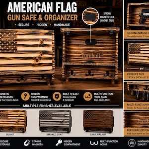 Op de afbeelding: Houten Amerikaanse vlag geweerkluis en organizer met meerdere afwerkingen beschikbaar. Voorzien van een magnetische wapenhouder, verborgen compartiment en multifunctionele hakenrek. Afmetingen: 48 cm B x 36 cm H x 13 cm D.