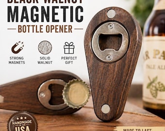 Abrebotellas magnético de nogal negro / Abrebotellas de madera hecho a mano / Abrebotellas de pared / Regalo para papá, esposo o padrinos de boda / Regalo rústico para bar