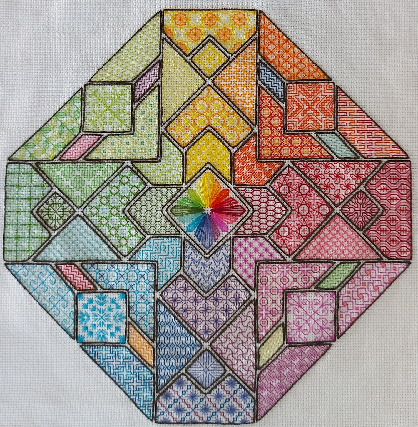 Geometric Rainbow Blackwork Sampler from CJF Cross Stitch Design
