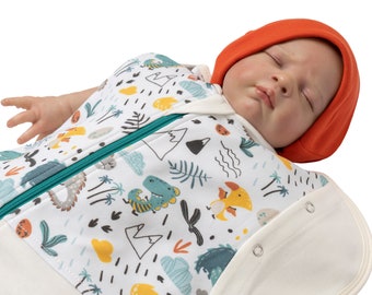 Baby swaddle with orange hat, dinosaur patterned, %100 cotton, 0-6 months, long sleep sack for infant, baby shower gift for newborn