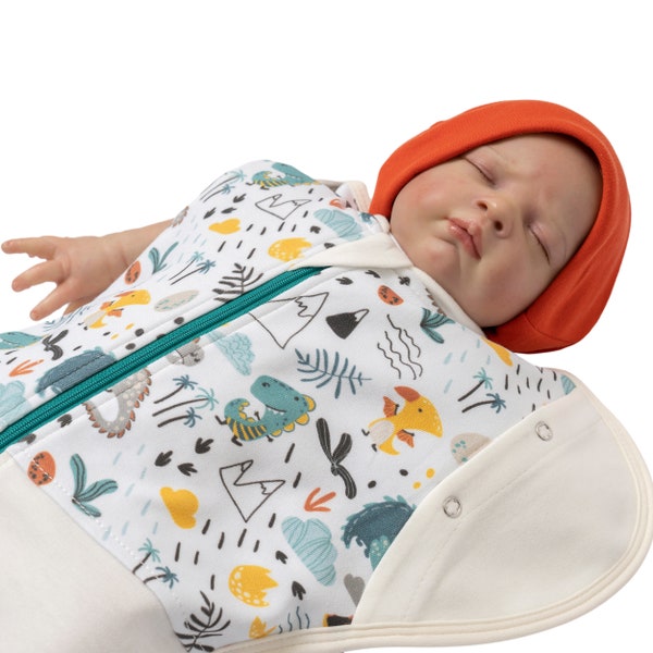 Baby swaddle with orange hat, dinosaur patterned, %100 cotton, 0-6 months, long sleep sack for infant, baby shower gift for newborn