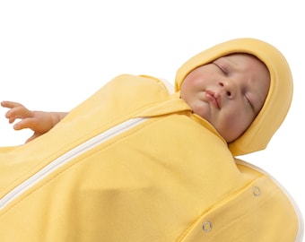 Ensemble de langes personnalisé pour bébé - gigoteuse et bonnet en coton doux, nom personnalisé, cadeau nouveau-né, jaune