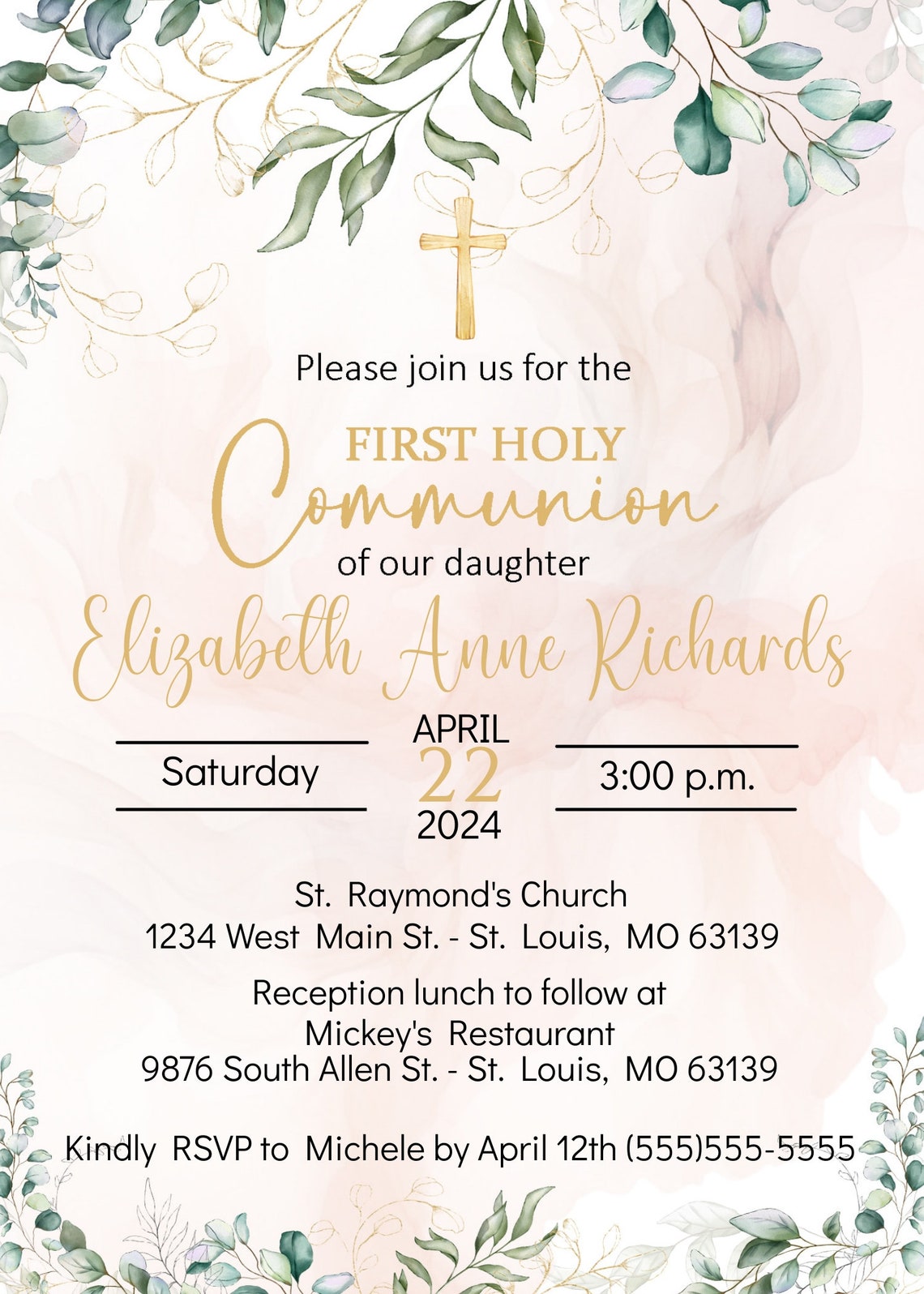First Communion Invitation for Girl Instant Download - Etsy
