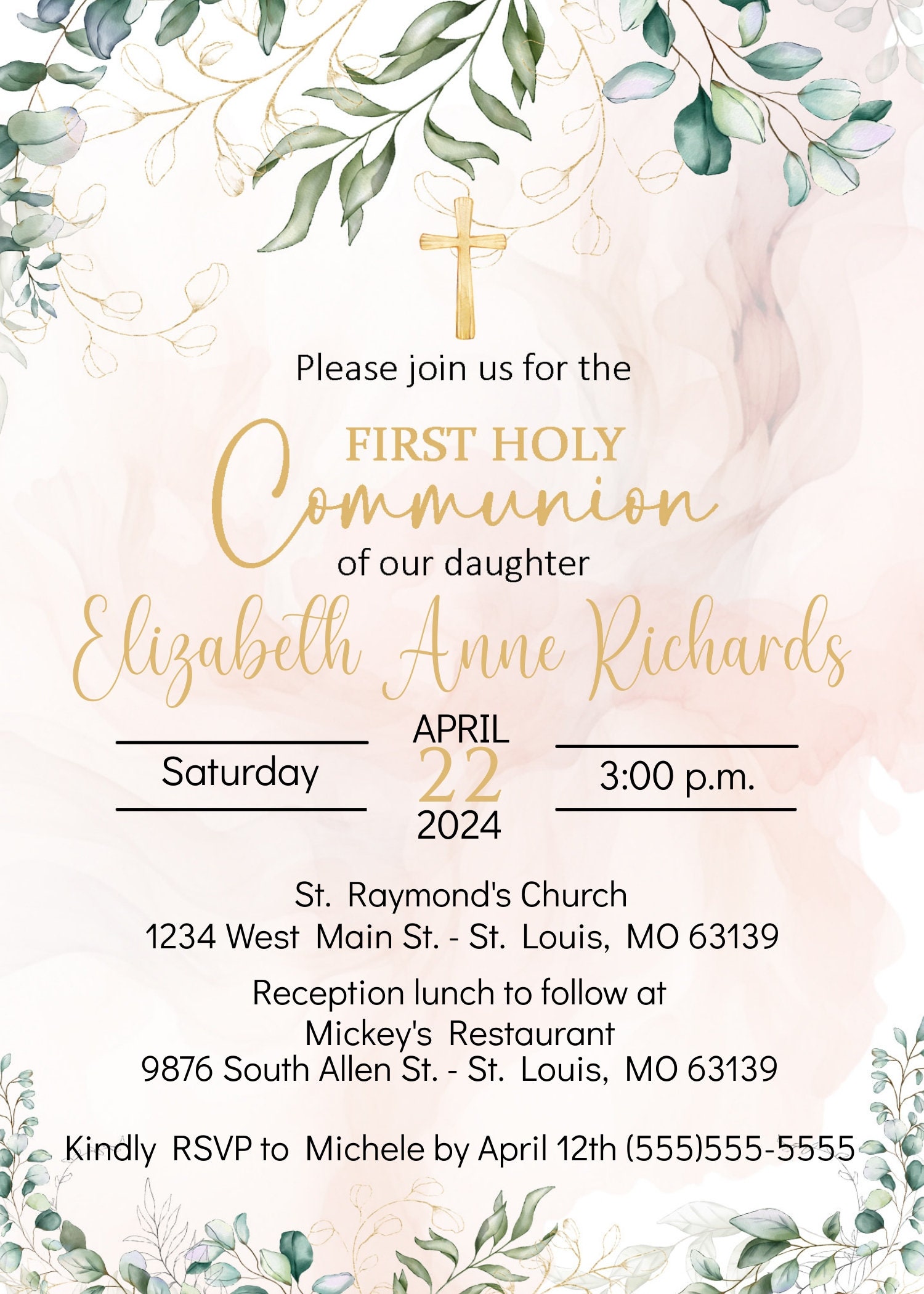 First Communion Invitation for Girl Instant Download - Etsy