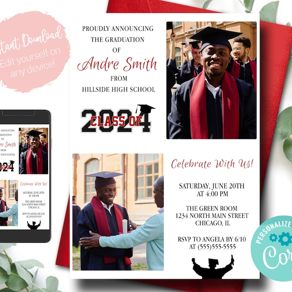 Personalized Graduation Invitation - Red and Black - High School Graduation Invitation - College Graduation Invitation